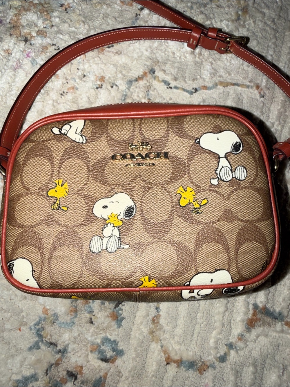 Coach Brown Signature Canvas Crossbody with Yellow Woodstock Print